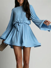 Skater Dresses Jewel Neck Long Sleeves Lace Up Chic Flared Dress Mini Dresses